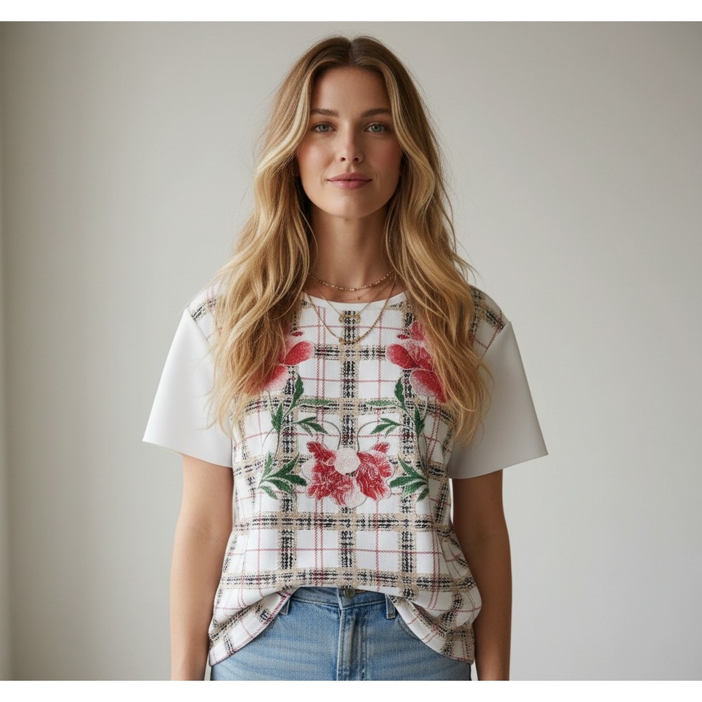 Zara M Top White Plaid‎ Floral Textured Knit Boxy Indie Artsy Grunge Street Boho